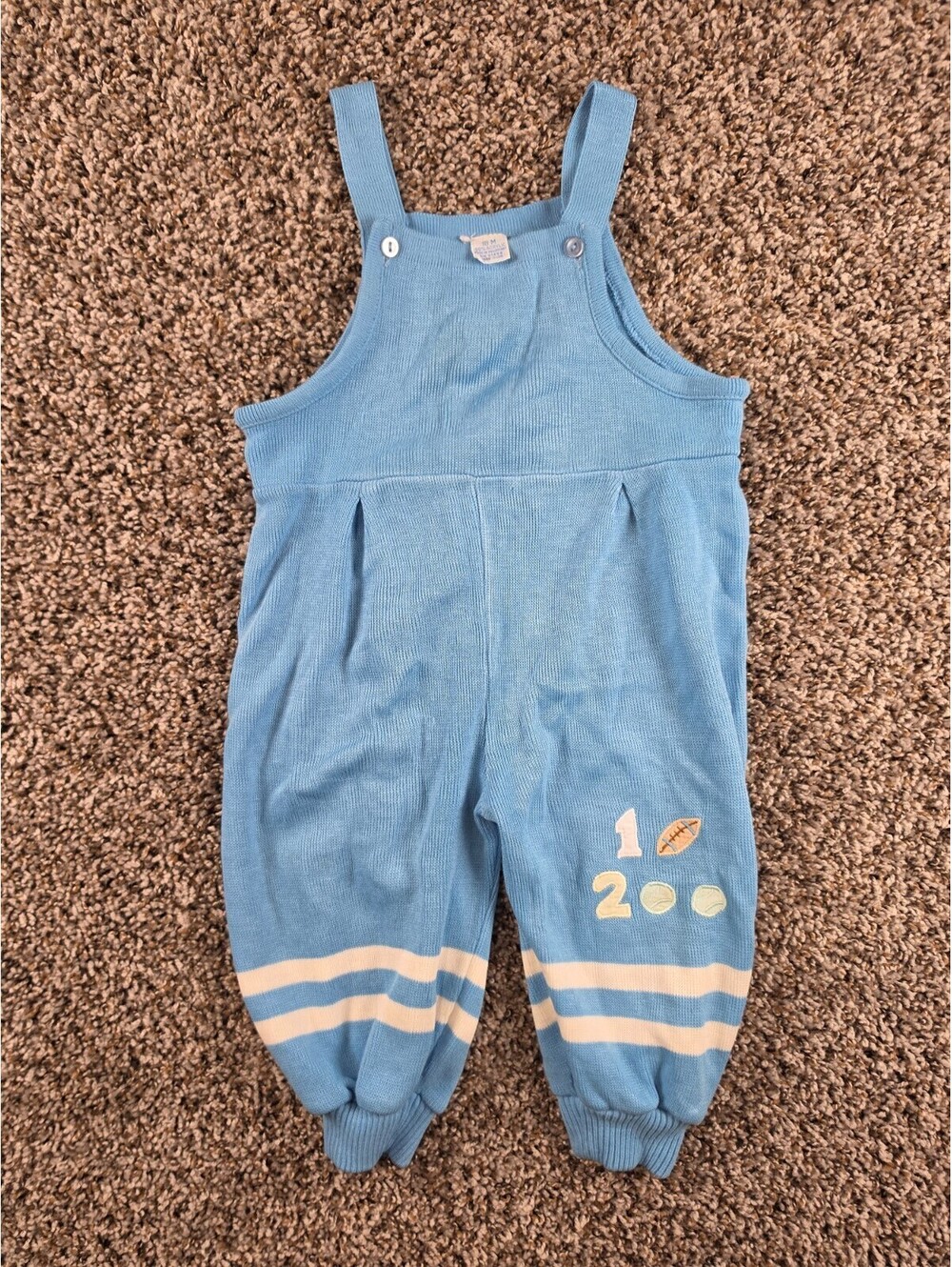 Vtg 90s light blue knit toddler overalls Boys Sz 18M Sports Football baseball